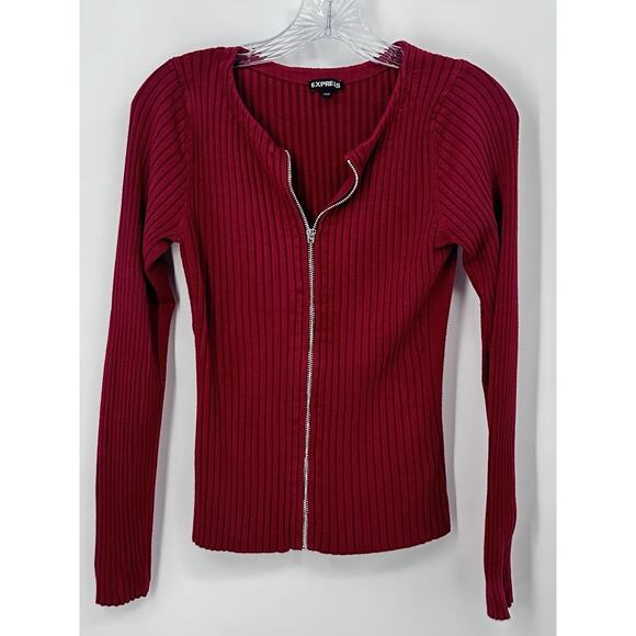 Express Ribbed Zip Front Sweater M Burgundy Stretch Long Sleeve Knit Top - Picture 2 of 13